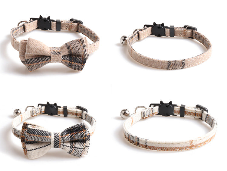 Bowknot Cat/Puppy Collar with Bell, Removable Bowtie, Breakaway safety buckle, Scottish Plaid Cotton Bow Tie