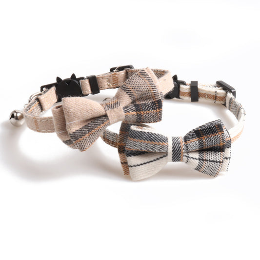 Bowknot Cat/Puppy Collar with Bell, Removable Bowtie, Breakaway safety buckle, Scottish Plaid Cotton Bow Tie