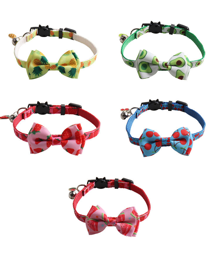 Bowknot Cat/Puppy Collar with Bell, Removable Bowtie, Breakaway safety buckle, Fruits