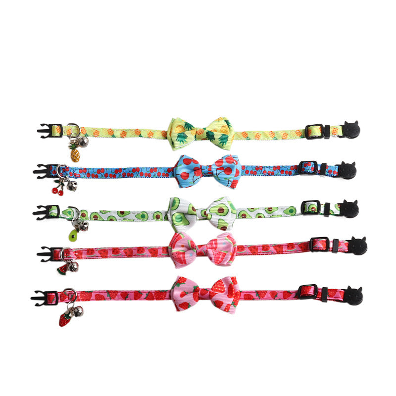 Bowknot Cat/Puppy Collar with Bell, Removable Bowtie, Breakaway safety buckle, Fruits